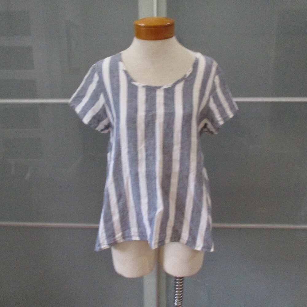 Flax Linen Short Sleeve Striped Asymmetrical Hem Lagenlook Relaxed Tunic
